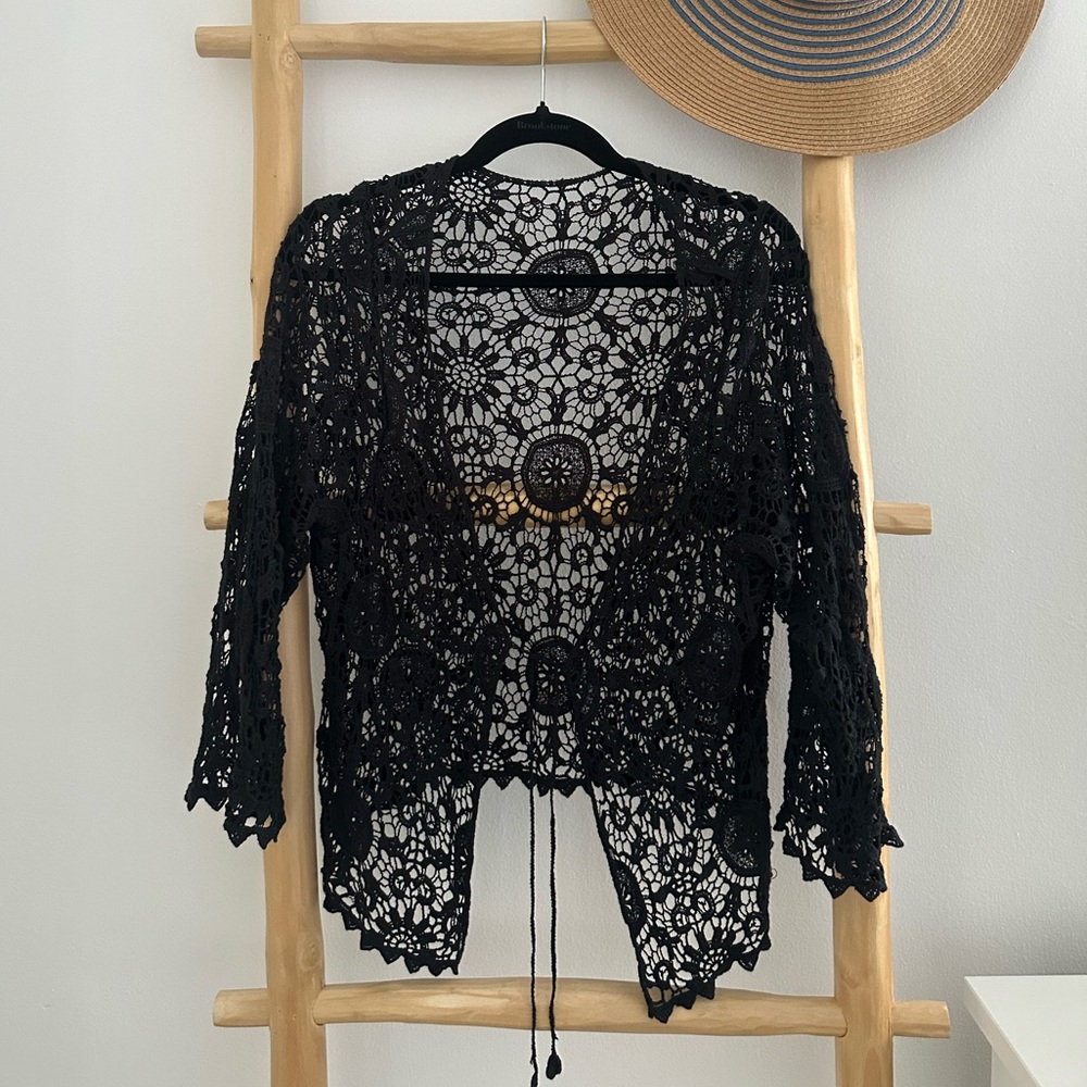 Black Crochet Lace Cardigan – Sheer Boho Open Front Tie Top
